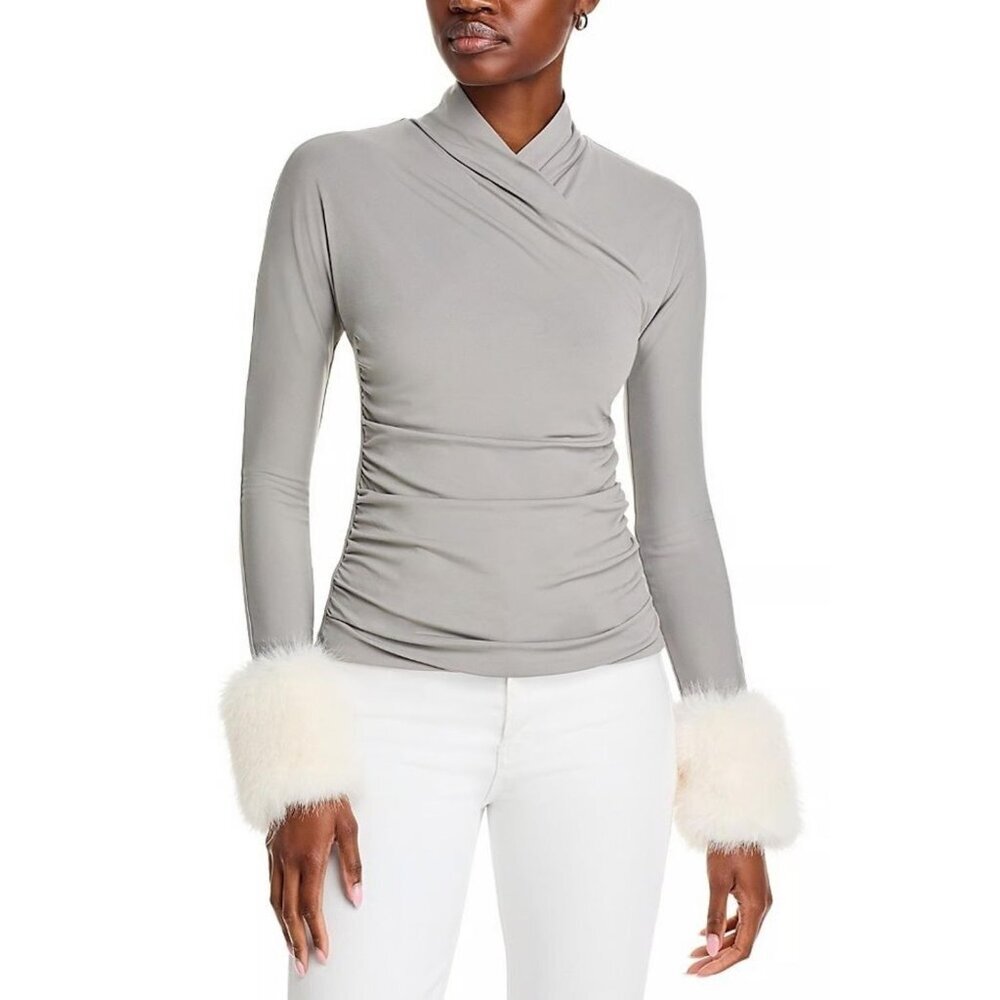 NWT Adrienne Landau Faux Fur Sleeve Cuff Front Wrap Top Grey Size XS $225 [jb]